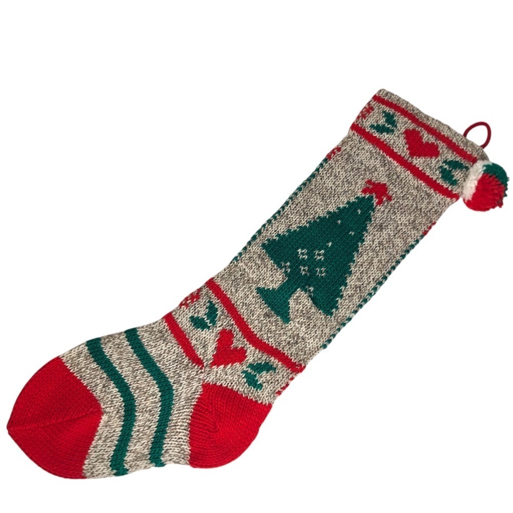 VINTAGE 80s NWT Deadstock Marled Grey Christmas Tree Knit Stocking Xmas Holiday